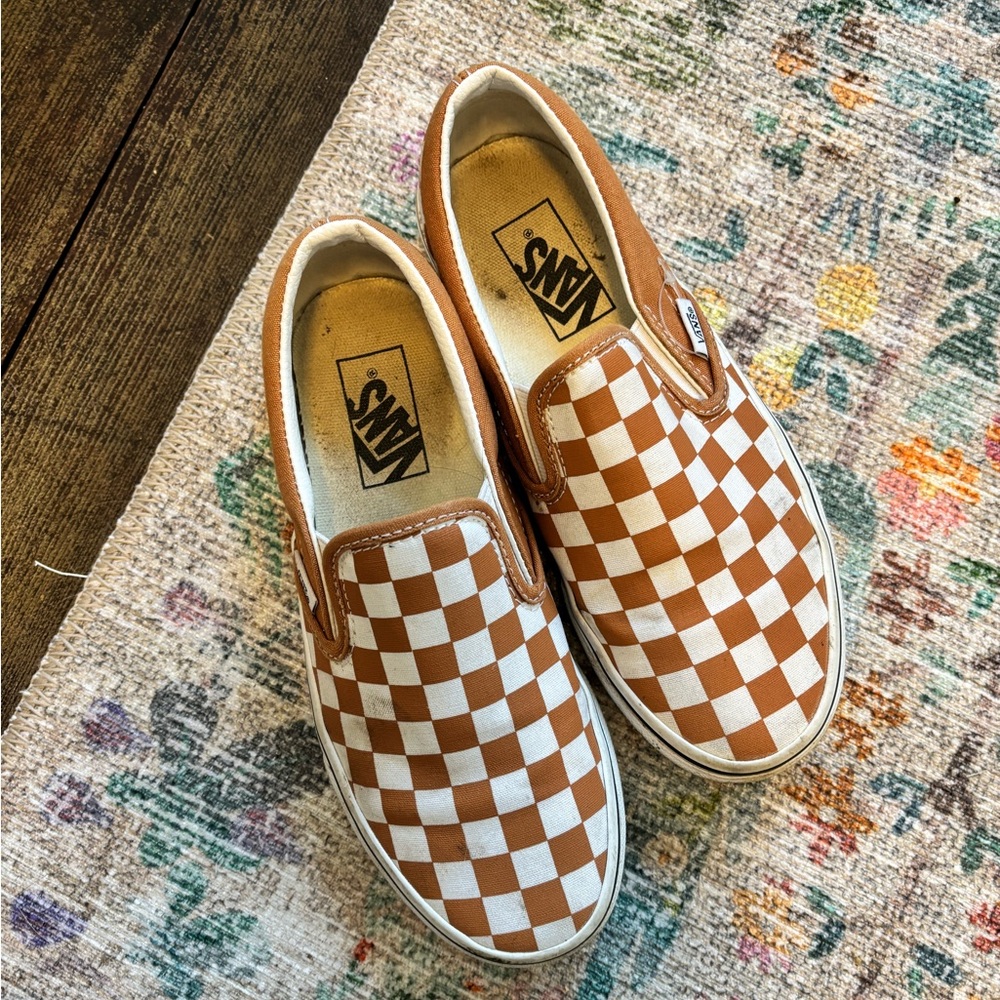 Vans Tan and White Checkered Slip-On Sneakers